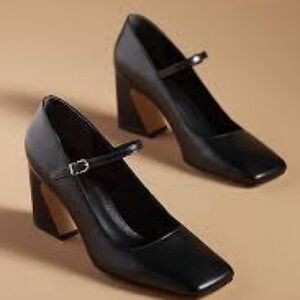 NWOB Anthropologie Black Leather Square Toe Mary Jane Heels 10